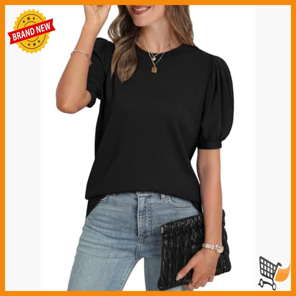 Puff Sleeve Short Sleeve Sweater Business Casual Top Lightweight Knit - Picture 3 of 7